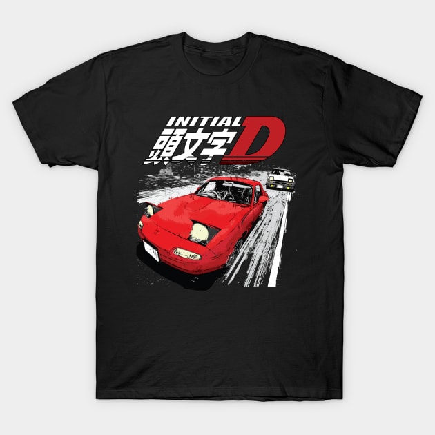 Takumi Fujiwara 86 vs Toru Suetsugu mx-5 Drift Car Battle T-Shirt by cowtown_cowboy